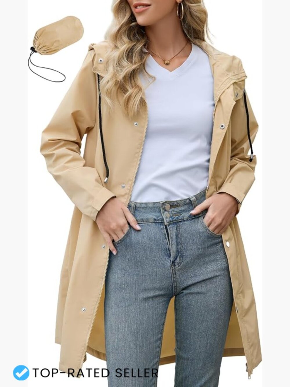 Long Waterproof Rain Jacket with Hood Lightweight Packable Trench Coat